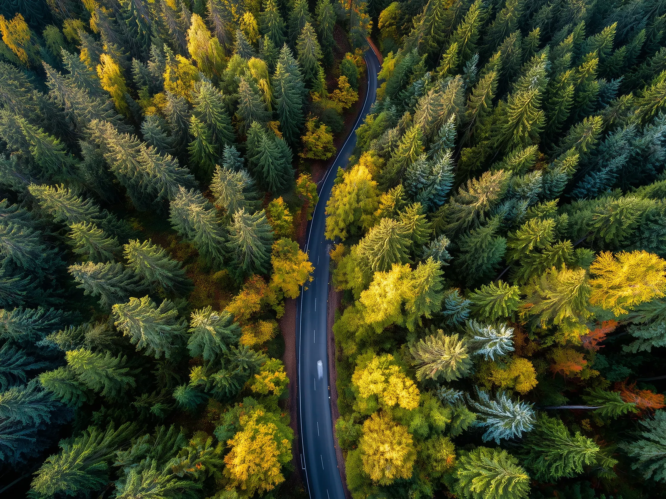 Luftaufnahme eines Waldes mit grünen und gelben Bäumen, eine kurvenreiche Straße verläuft durch die Mitte.